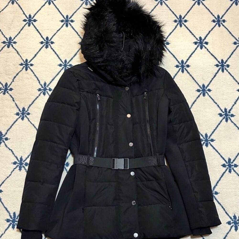 Michael Kors Active Belted Puffer Jacket Faux Fur Hood